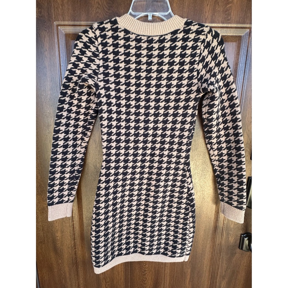 Hollister Women Y2K Brown & Black Houndstooth Long Sleeve Mini Sweater Dress S - Picture 2 of 4